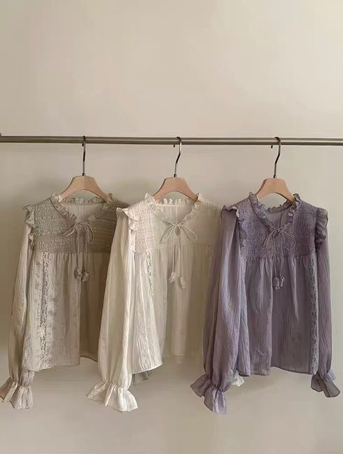 Women Vintage Ruffle Tie Latern Flare Sleeves Tops